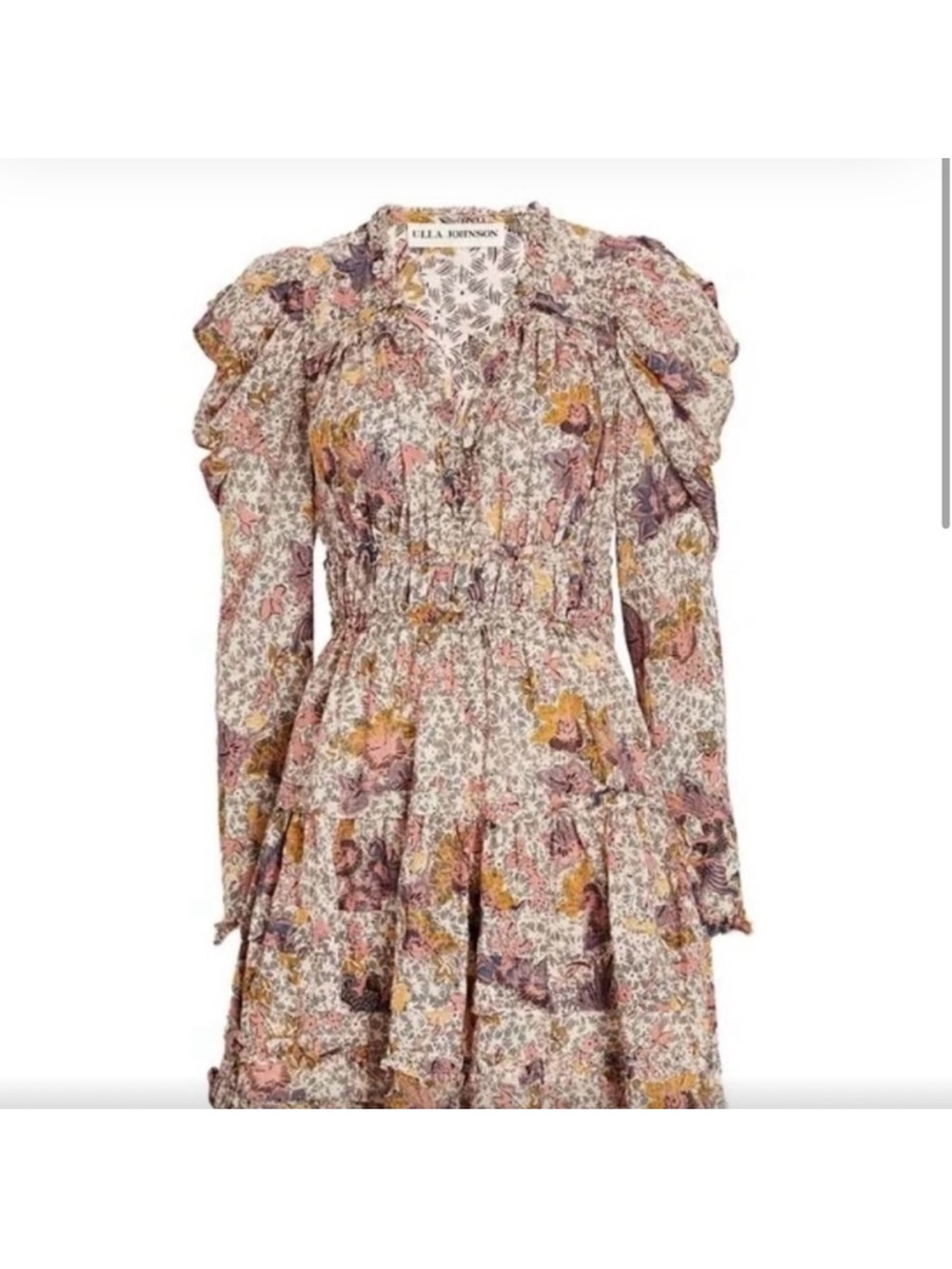 Ulla Johnson Julie Pink Floral Smocked Waist Tiered Dress, size 4